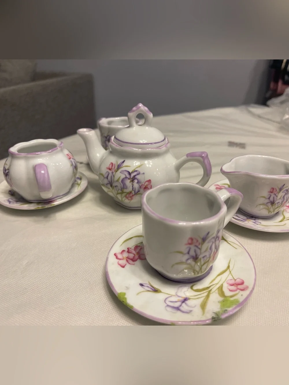 Delton Products Porcelain Miniature Tea Set Purple Floral Iris